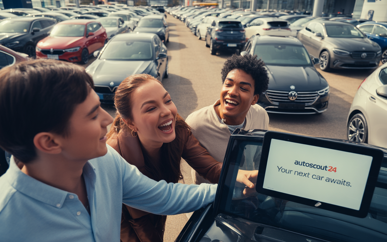Trois jeunes souriants interagissent autour d'une voiture, avec une tablette affichant "autoscout24. Your next car awaits." En arrière-plan, un parking rempli de voitures.