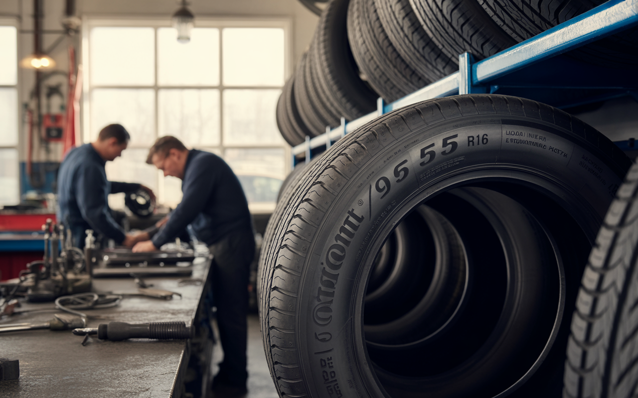 Deux mécaniciens travaillent sur des pièces automobiles dans un atelier, avec des pneus empilés en arrière-plan. Éclairage naturel par une grande fenêtre.
