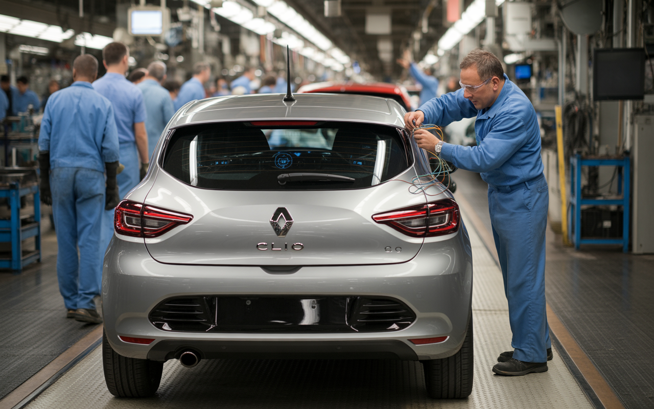 Un ouvrier assemble une Renault Clio dans une usine, entouré d'autres travailleurs en tenue bleue, avec des équipements en arrière-plan.