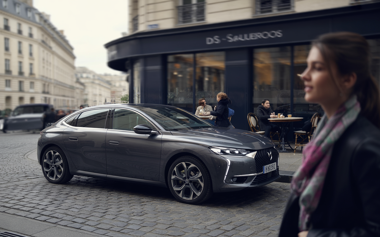 Une voiture grise stationnée sur une rue parisienne, avec un café et des passants en arrière-plan. Une femme s'approche.