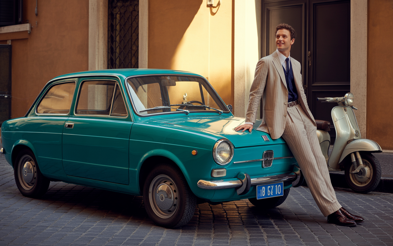 Un homme en costume rayé se tient à côté d'une Fiat turquoise vintage, avec une Vespa blanche en arrière-plan sur une rue pavée.