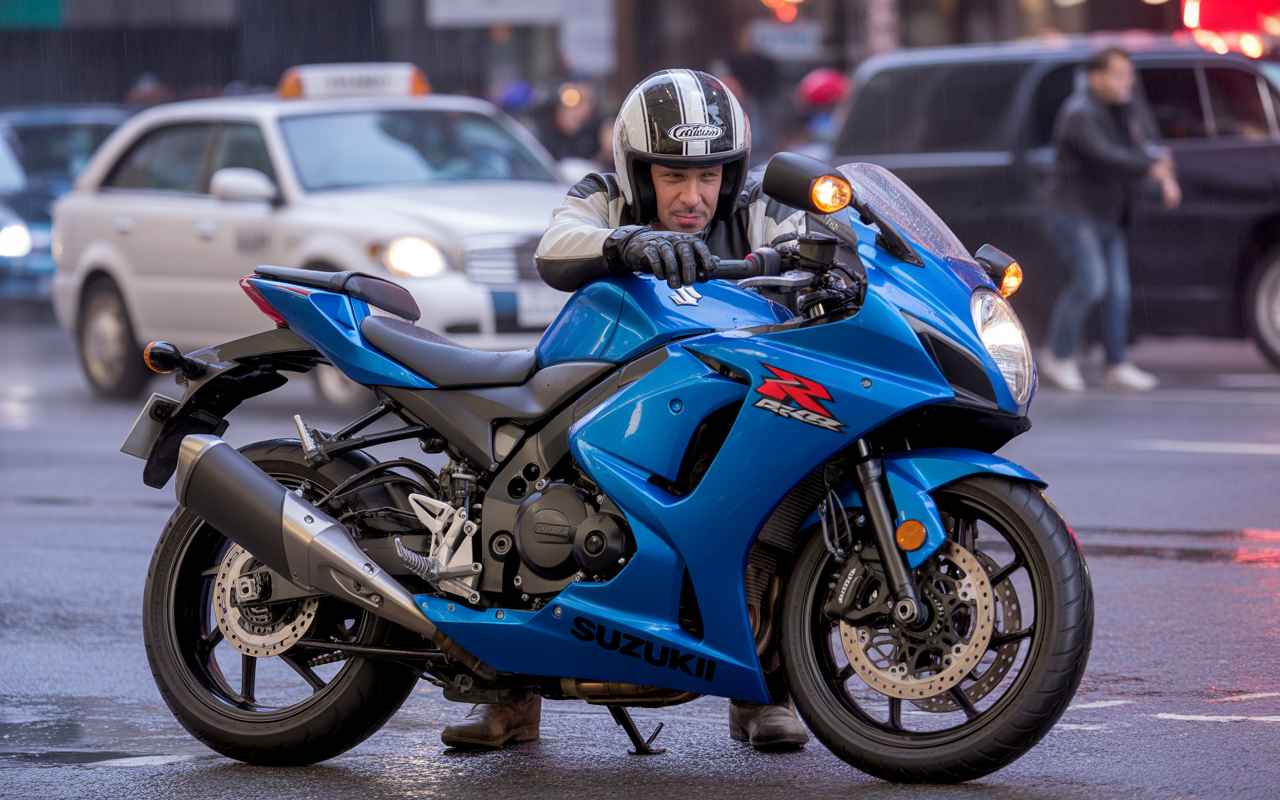 Un homme en tenue de moto se repose sur une moto Suzuki bleue, sous la pluie, avec des voitures en arrière-plan.