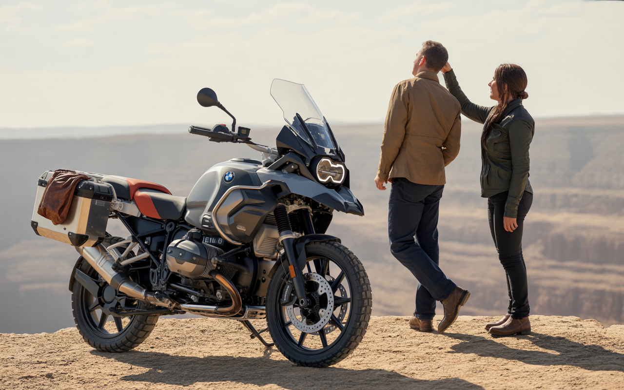 Un couple admire un paysage depuis un bord de falaise, à côté d'une moto BMW adventure.