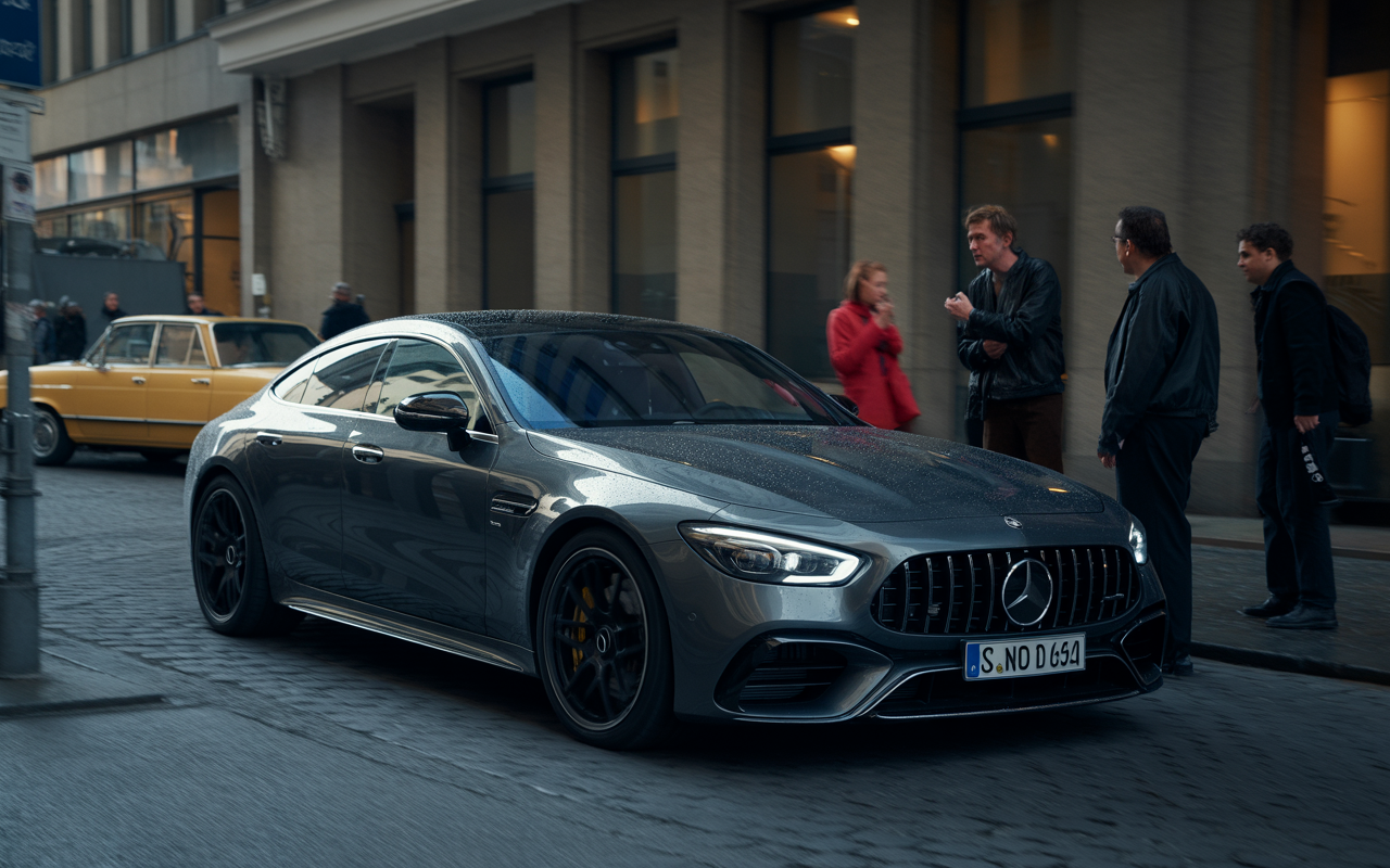 Voiture Mercedes-AMG grise sur une rue urbaine, avec piétons en arrière-plan et un taxi jaune stationné. Route pavée, ambiance citadine.