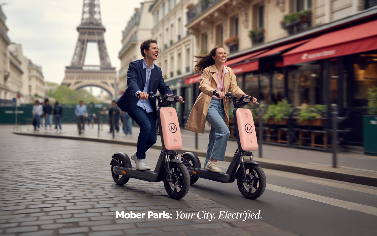 Couple riant sur des trottinettes dans une rue parisienne, avec la tour Eiffel en arrière-plan. Slogan Mober Paris en bas.