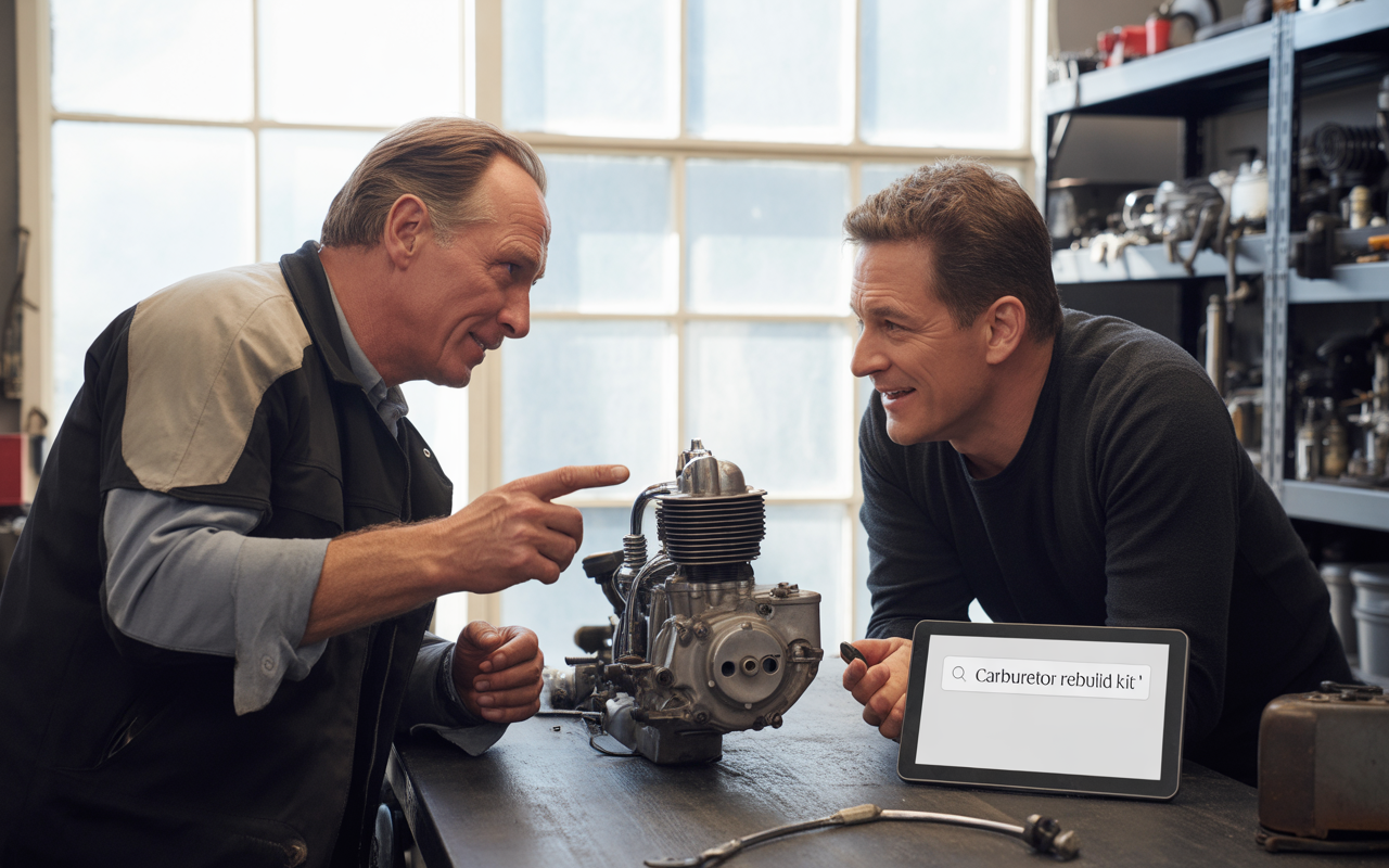 Deux hommes discutent d'un moteur sur une table, avec un écran montrant "Carburetor rebuild kit" en arrière-plan. Atelier mécanique lumineux.
