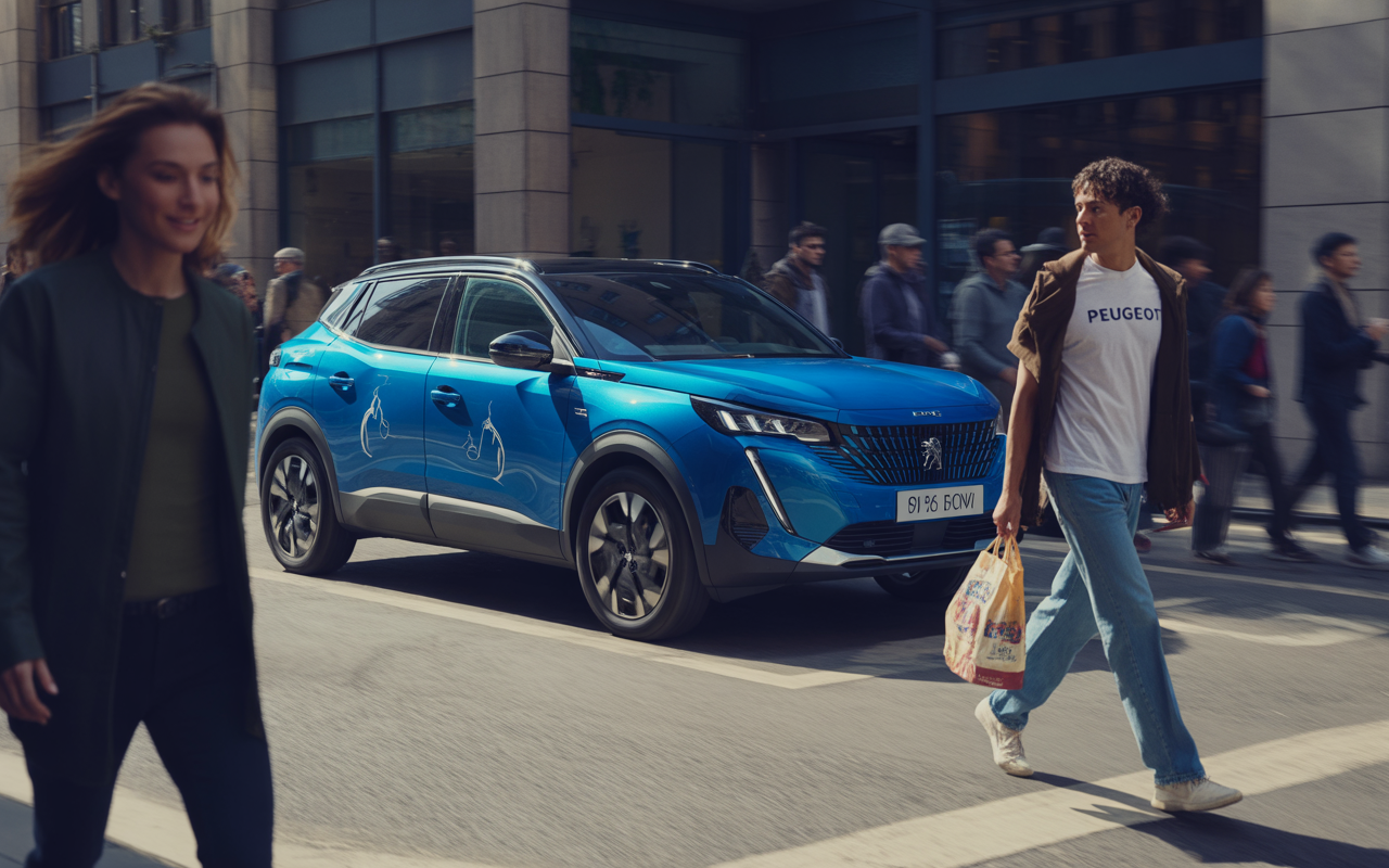 Un homme et une femme marchent dans la rue, tandis qu'un SUV bleu Peugeot passe à côté d'eux.