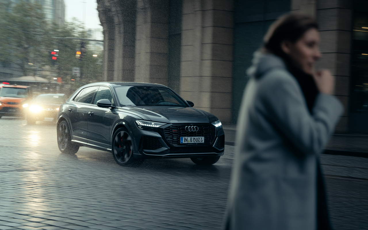 Une voiture Audi RS7 noire circule sous la pluie, tandis qu'une femme marche sur le trottoir, légèrement floue en arrière-plan.