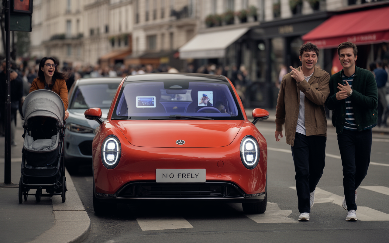 Deux hommes marchent joyeusement près d'une voiture électrique rouge, tandis qu'une femme avec une poussette les observe dans une rue animée.