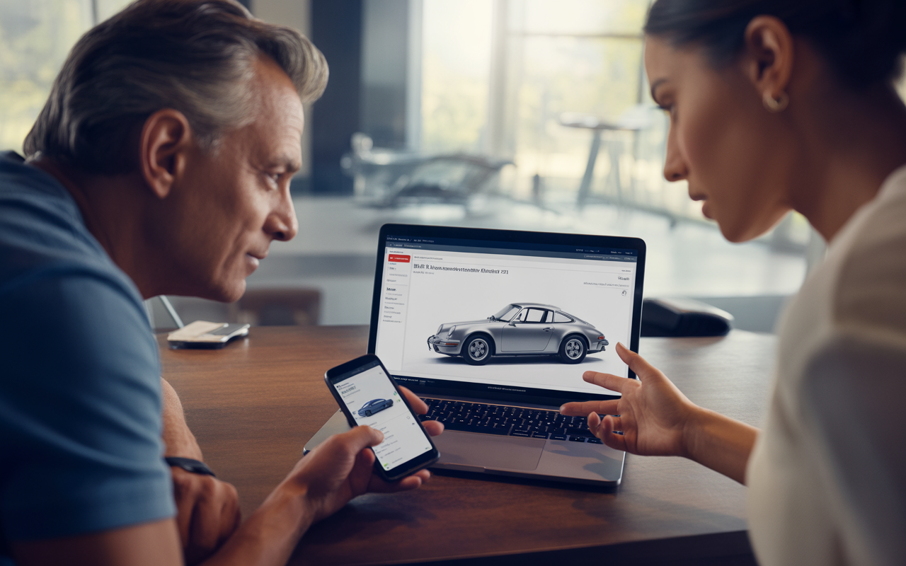 Deux personnes discutent autour d'une table, regardant un ordinateur portable affichant une voiture sur un site web, un smartphone à la main.