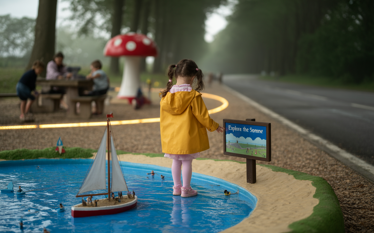 Une fillette en imperméable jaune observe un panneau "Explore the Somme" près d'une mini-piscine avec des bateaux. En arrière-plan, des enfants jouent.