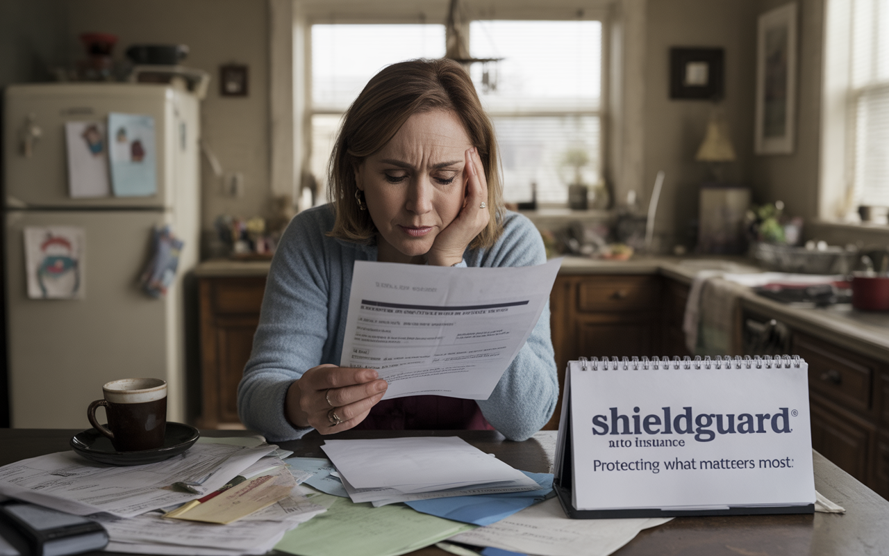 Femme anxieuse examine des documents financiers sur une table encombrée, avec une tasse de café et un calendrier d'assurance en vue.