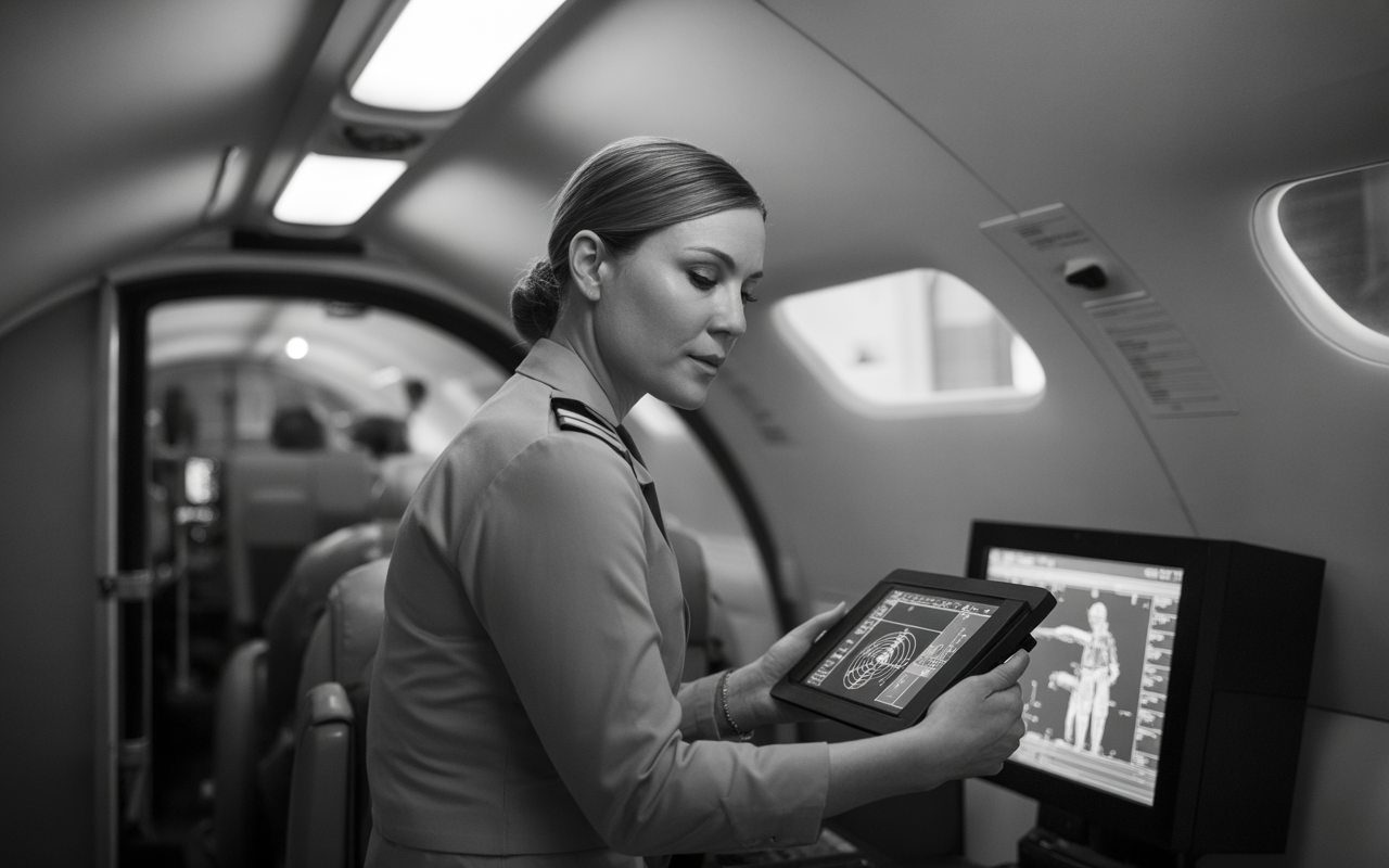 Femme en uniforme examinant des données médicales sur une tablette, à l'intérieur d'un avion, ambiance monochrome.