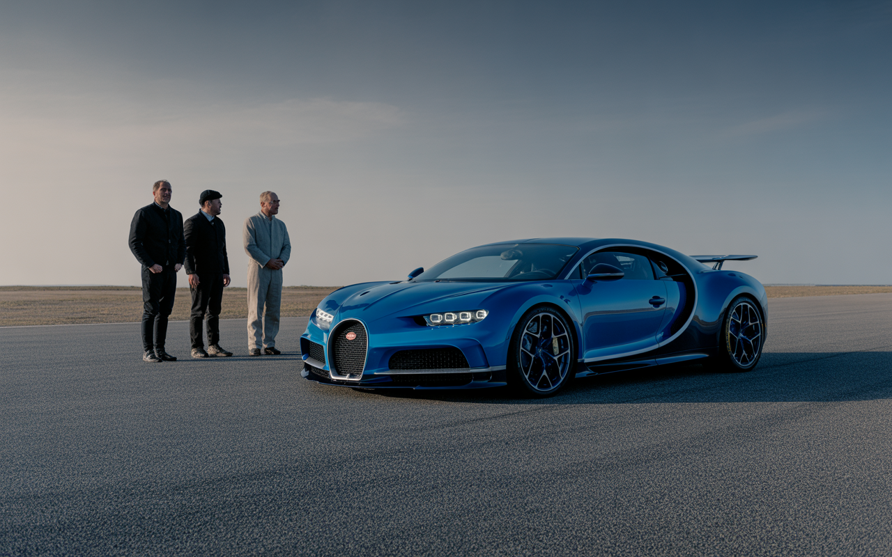 Trois hommes se tiennent près d'une Bugatti bleue sur une route dégagée, avec un ciel clair en arrière-plan.