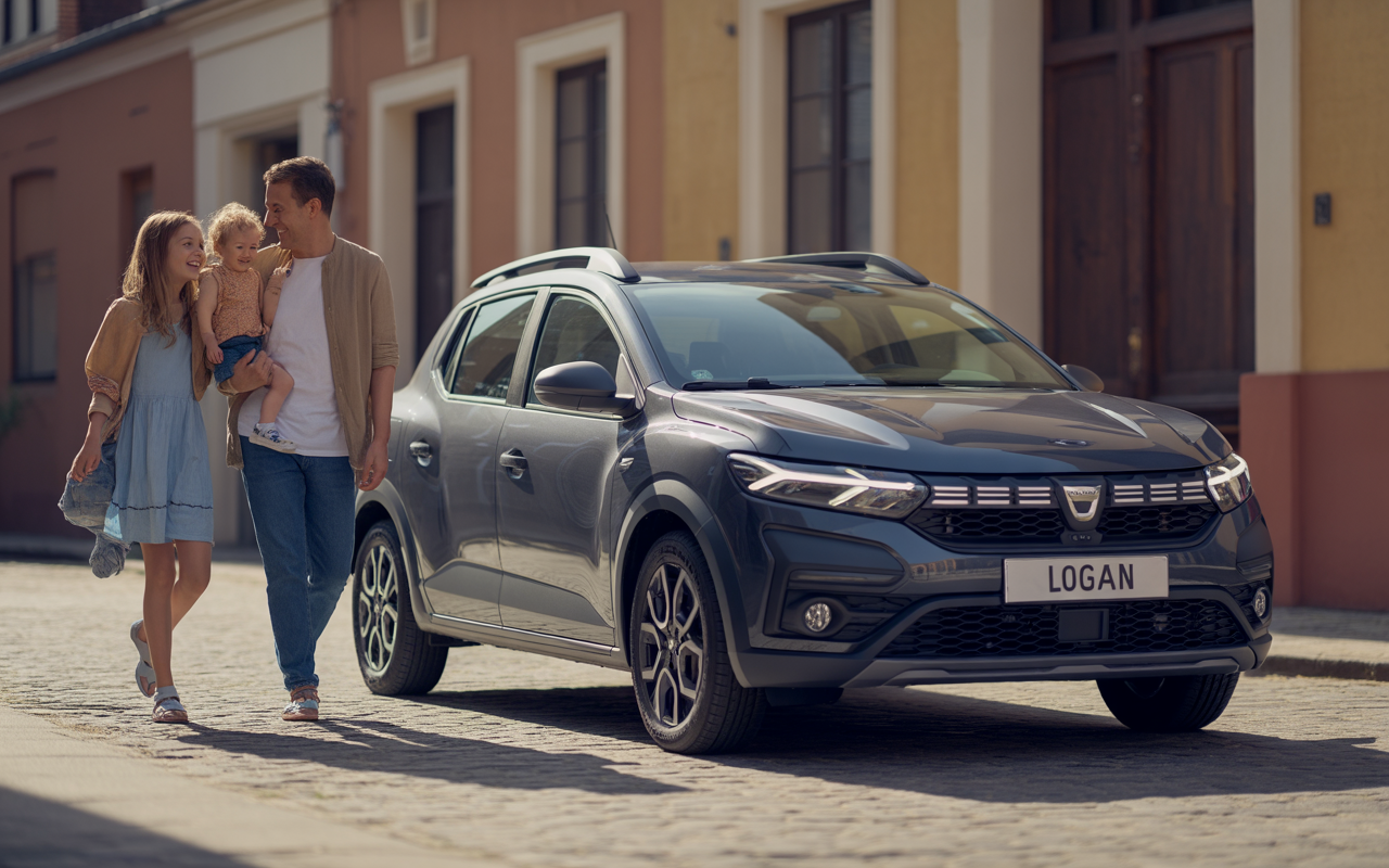 Une famille souriante marche à côté d'une voiture Dacia Logan sur une rue pavée, sous un ciel ensoleillé.
