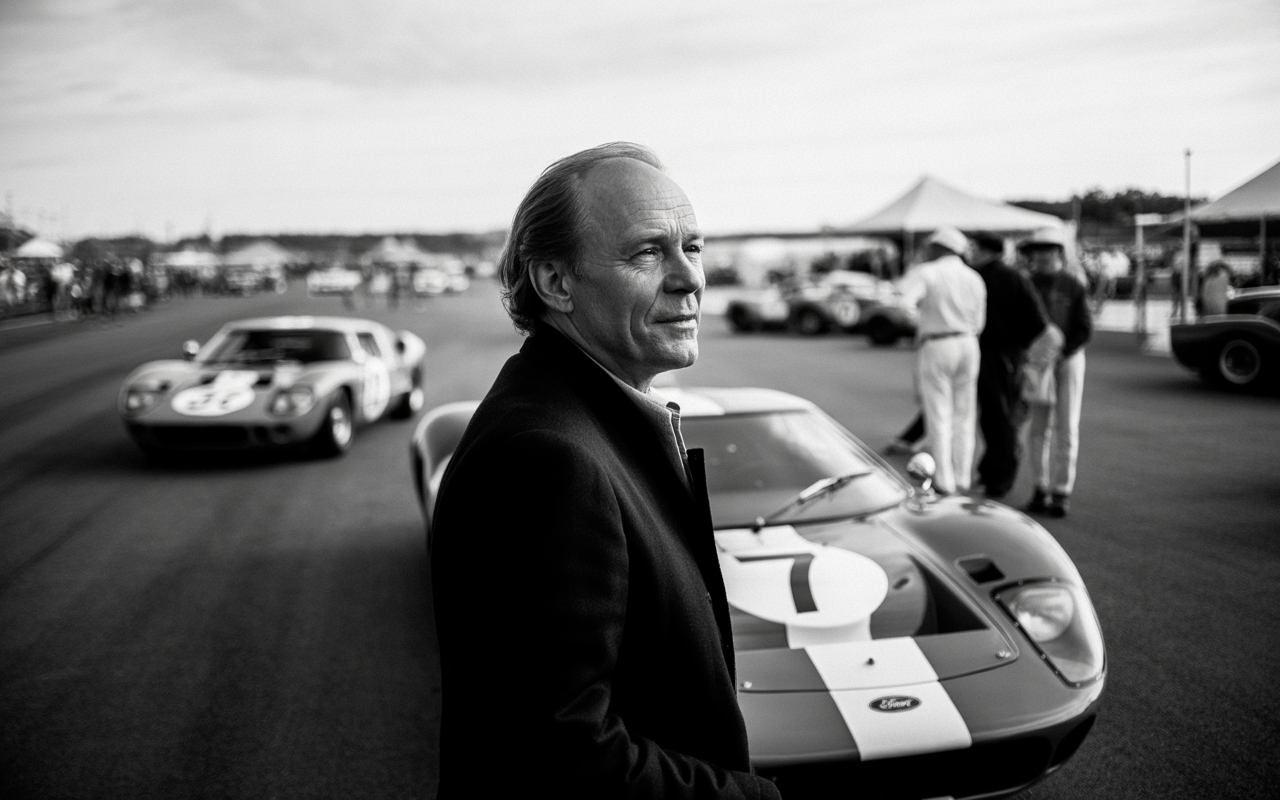 Homme regardant au loin, avec des voitures de course classiques en arrière-plan, dans un événement automobile en noir et blanc.