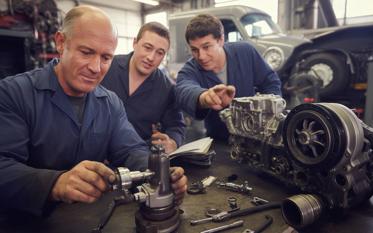 Trois mécaniciens examinent un moteur et des pièces détachées sur une table dans un atelier automobile, en échangeant des idées.