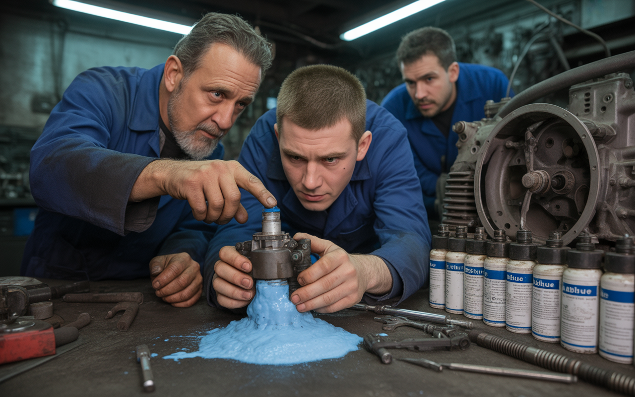Trois mécaniciens examinent attentivement une pièce, tandis qu'un liquide bleu déborde sur la table de travail entourée d'outils.