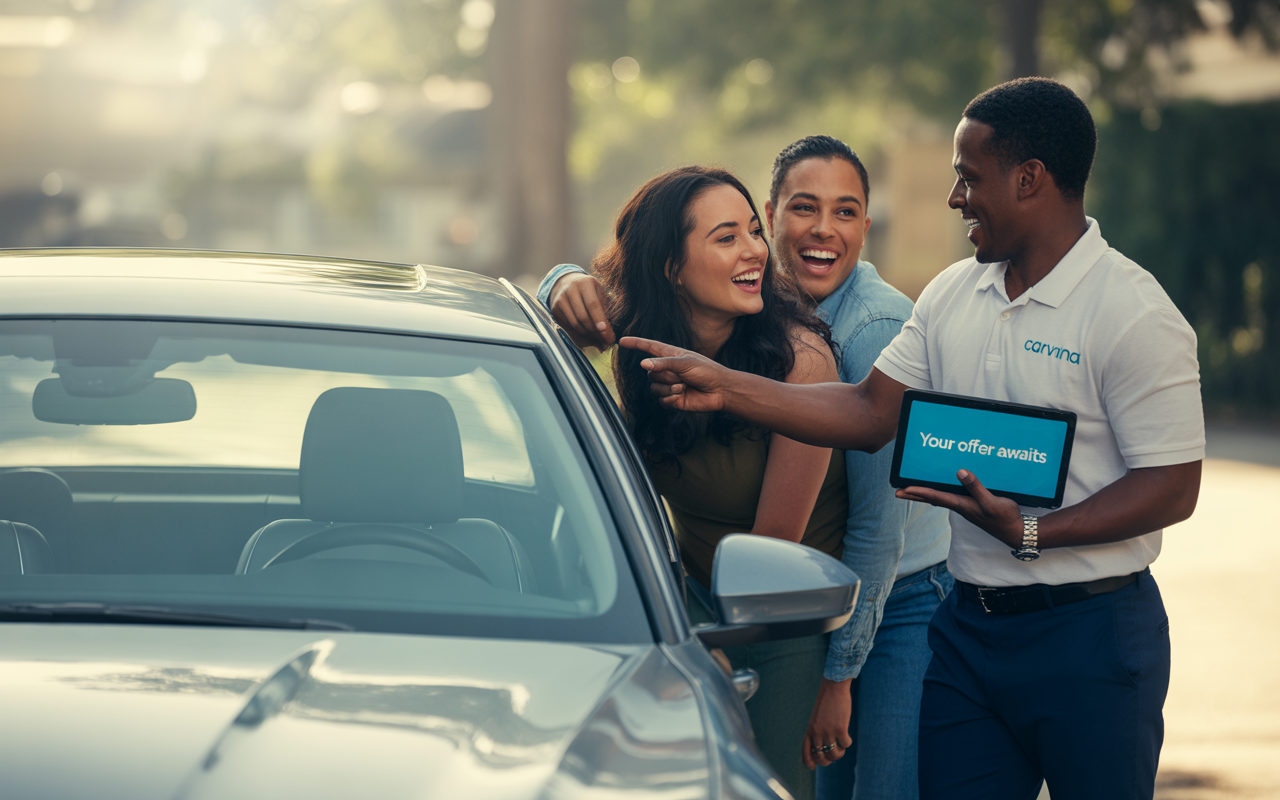 Trois personnes souriantes interagissent autour d'une voiture, tandis qu'un homme montre une tablette avec le message "Your offer awaits".