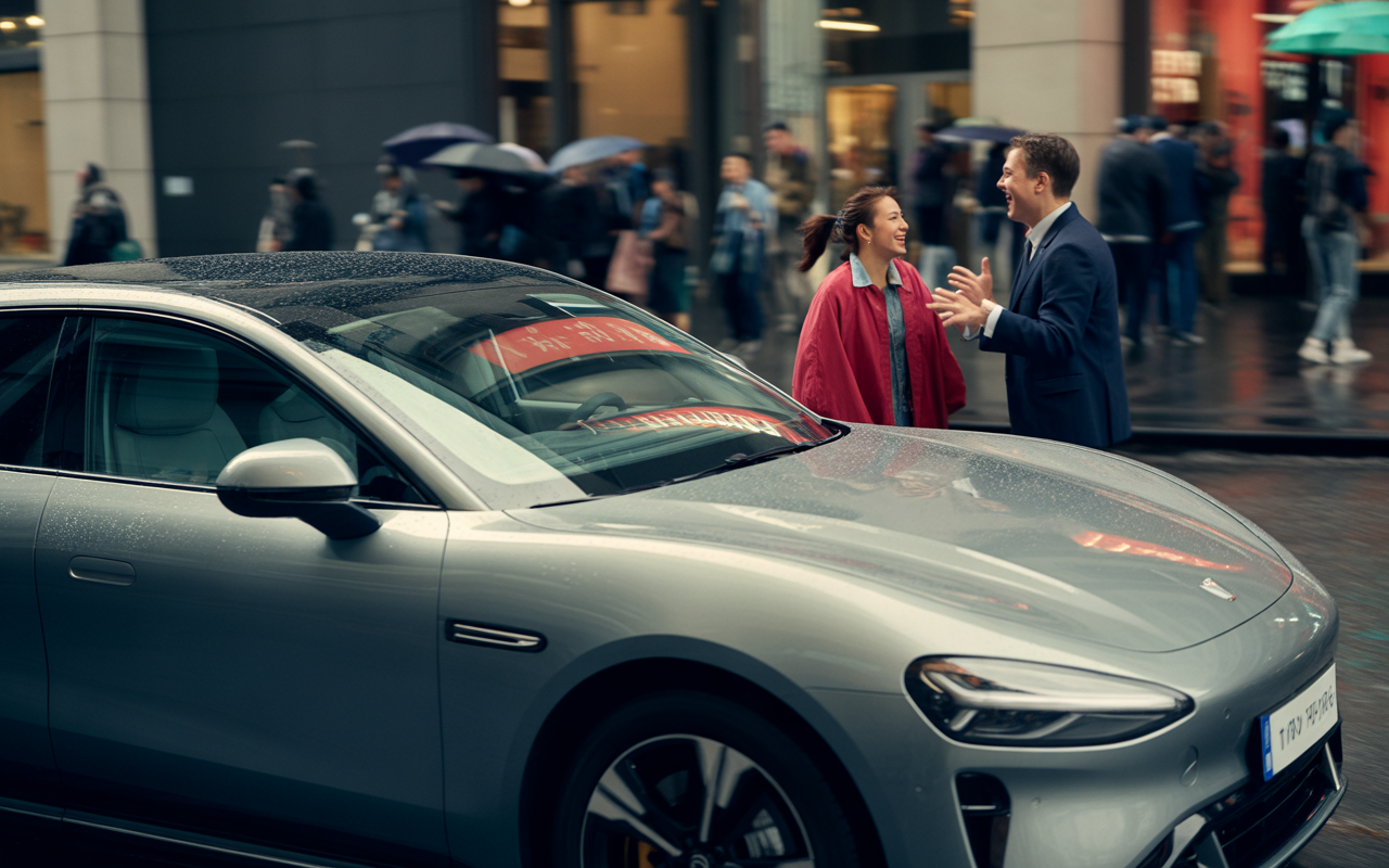 Deux personnes discutent joyeusement devant une voiture gris argenté sous la pluie, des passants avec des parapluies en arrière-plan.