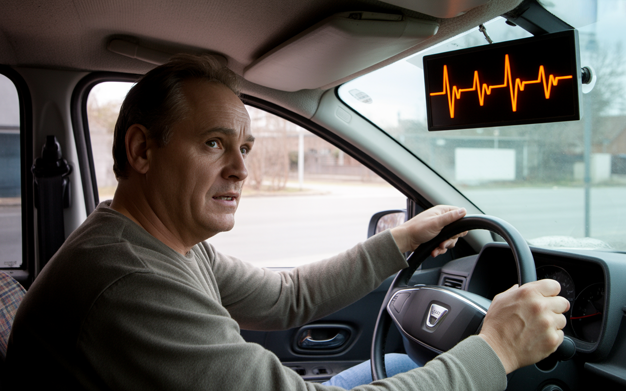 Homme anxieux au volant, regardant un moniteur affichant un rythme cardiaque, à l'intérieur d'un véhicule. Éclairage naturel et ambiance urbaine.
