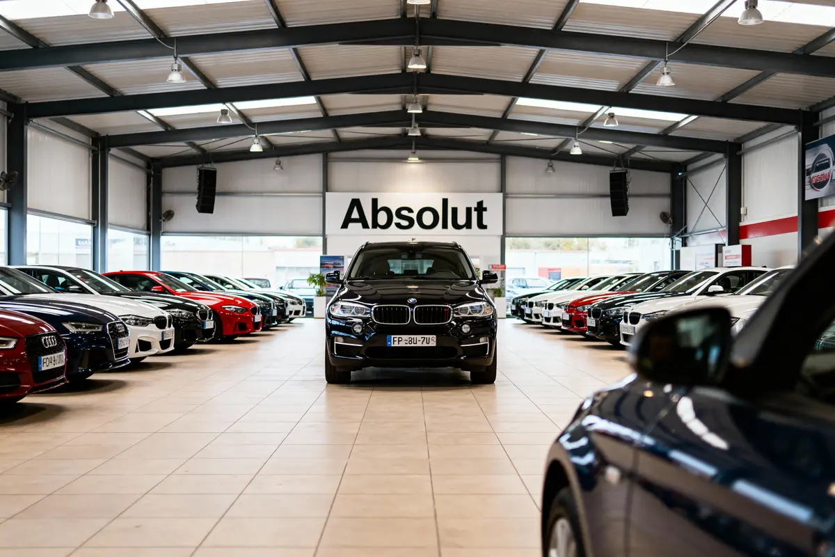 Salle d'exposition de voitures avec plusieurs modèles alignés, panneau "Absolut" en arrière-plan.