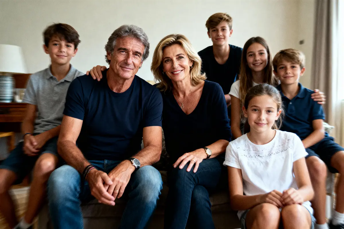 Famille souriante posant ensemble dans un salon. Trois enfants, deux adultes. Ambiance chaleureuse et décontractée.