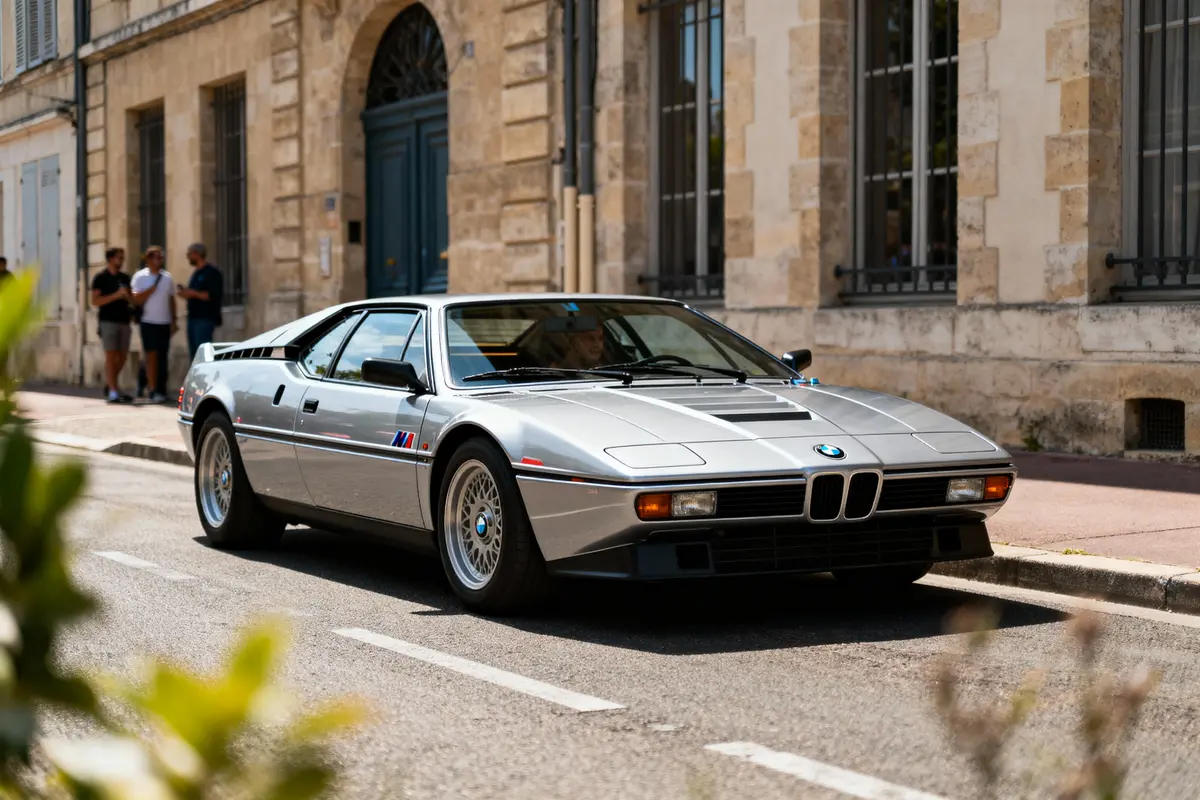 Voiture sportive argentée BMW M1 garée dans une rue, devant un bâtiment en pierre.