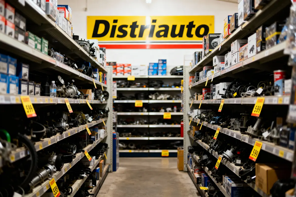 Rayons de magasin de pièces automobiles, étagères pleines, étiquettes jaunes de prix, panneau "Distriauto" en arrière-plan.