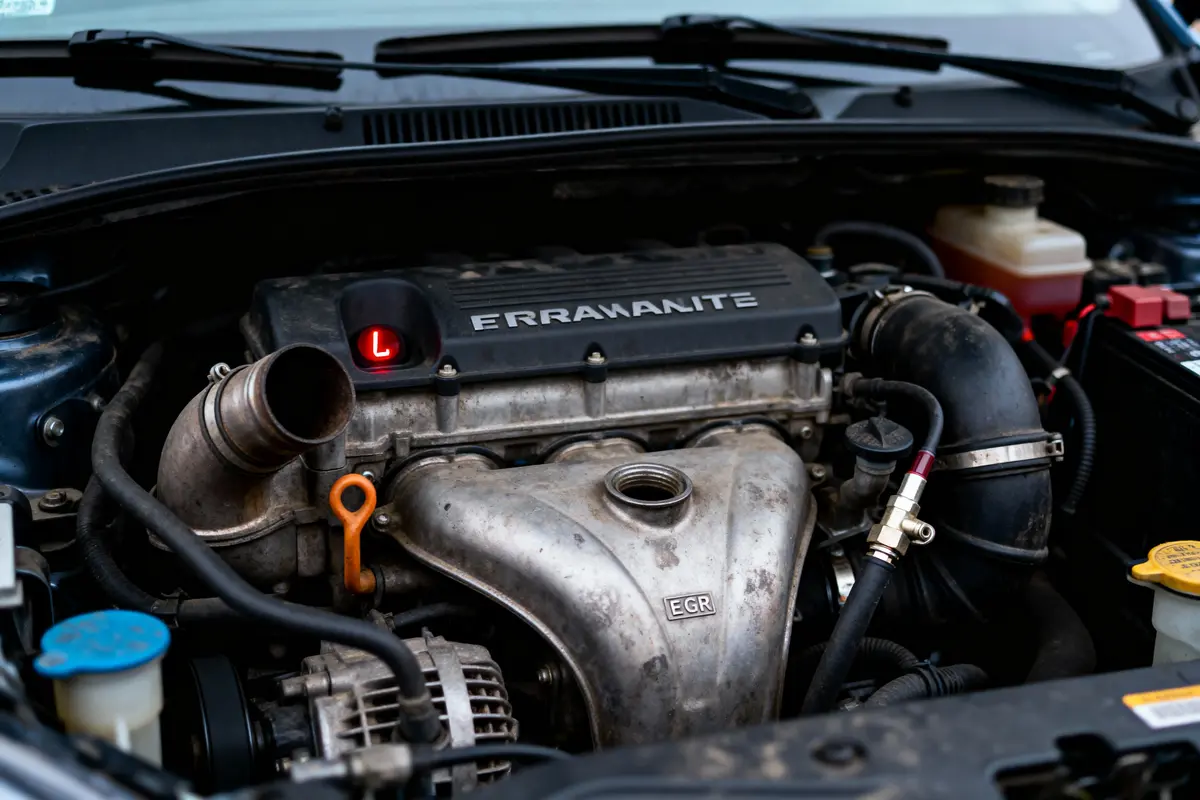 Moteur de voiture avec composants visibles, capot ouvert, tuyaux et réservoirs, insigne "ERRAMANITE".