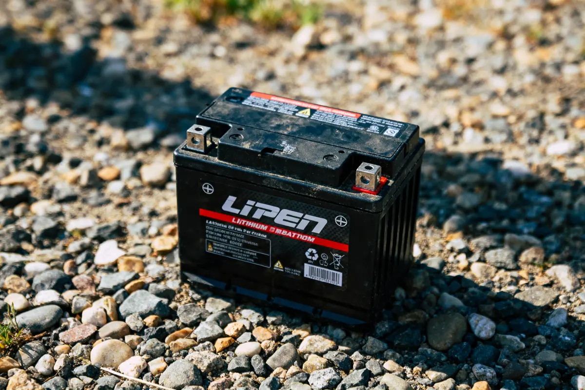 Batterie lithium noire sur sol de gravier, étiquettes visibles.