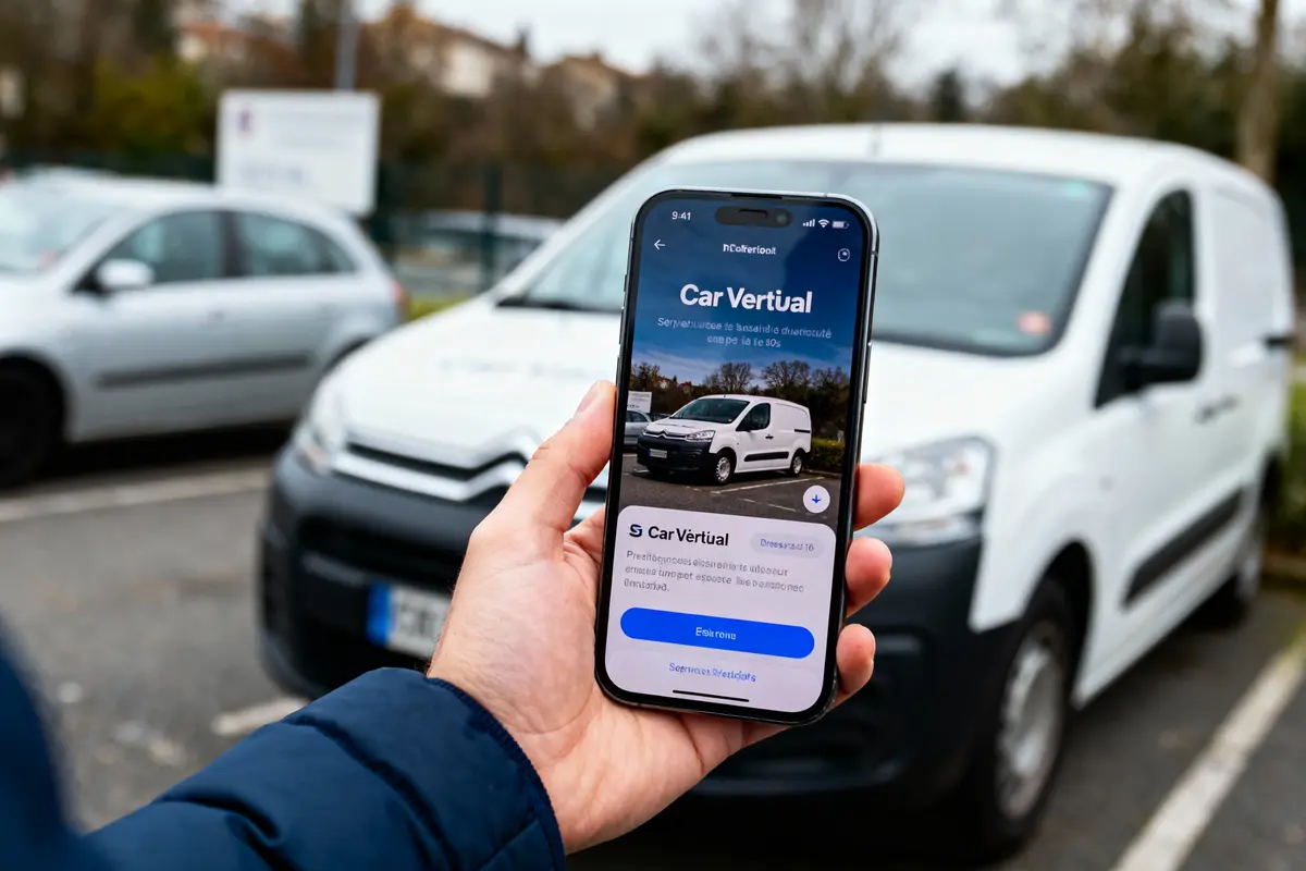 Personne tenant un smartphone montrant l'application Car Vertual devant une camionnette blanche garée.