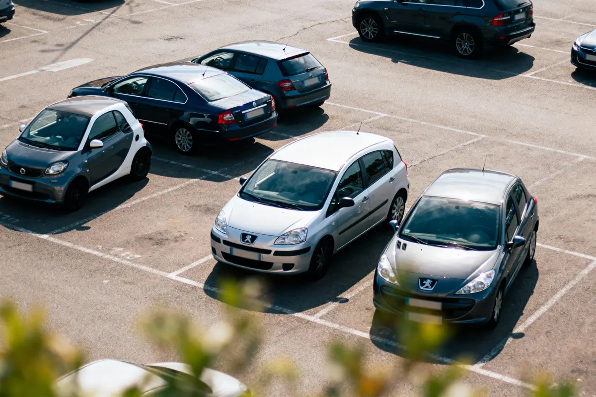 Parking extérieur avec plusieurs voitures stationnées sur des places délimitées, vue aérienne légèrement obstruée par des plantes.