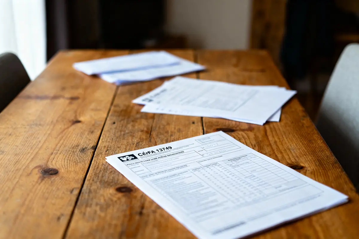 Documents officiels sur table en bois, lumière naturelle, mise en page simple, formulaire visible au premier plan.