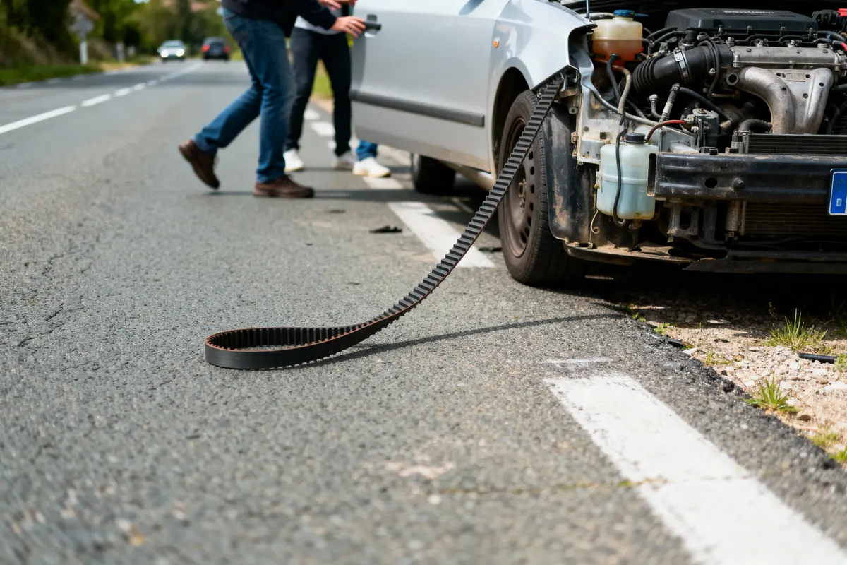 Voiture en panne sur route avec courroie détachée, deux personnes à proximité.