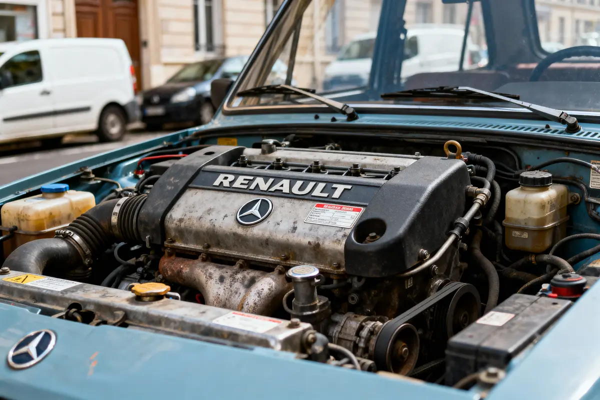 Moteur Renault dans une voiture avec badge Mercedes, capot ouvert, garée dans la rue.