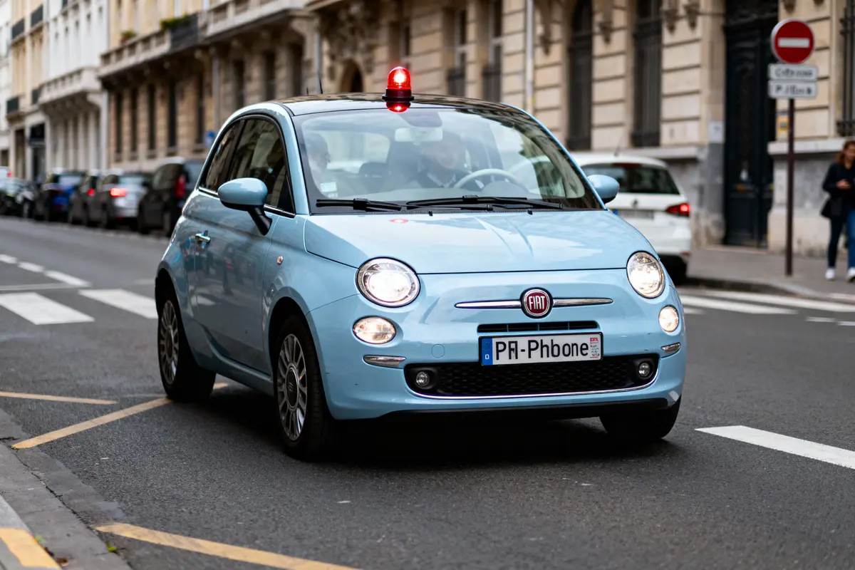 Voiture Fiat 500 bleue avec gyrophare rouge sur le toit, dans une rue urbaine.