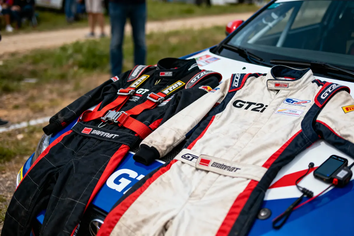 Deux combinaisons de course posées sur une voiture sportive, équipement GT2i visible, ambiance de course automobile.