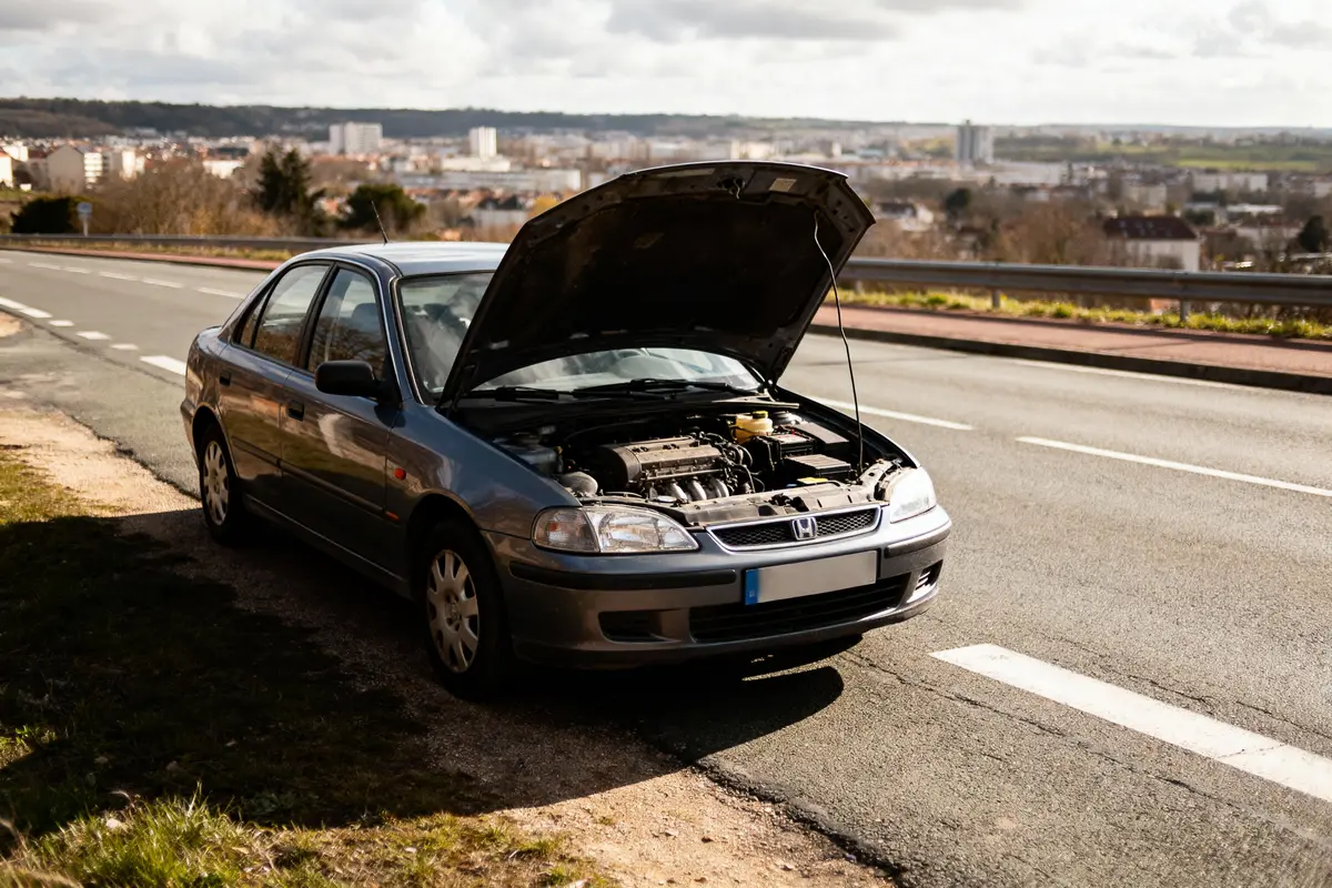 Voiture grise en panne sur le bord de la route, capot ouvert, paysage urbain en arrière-plan.