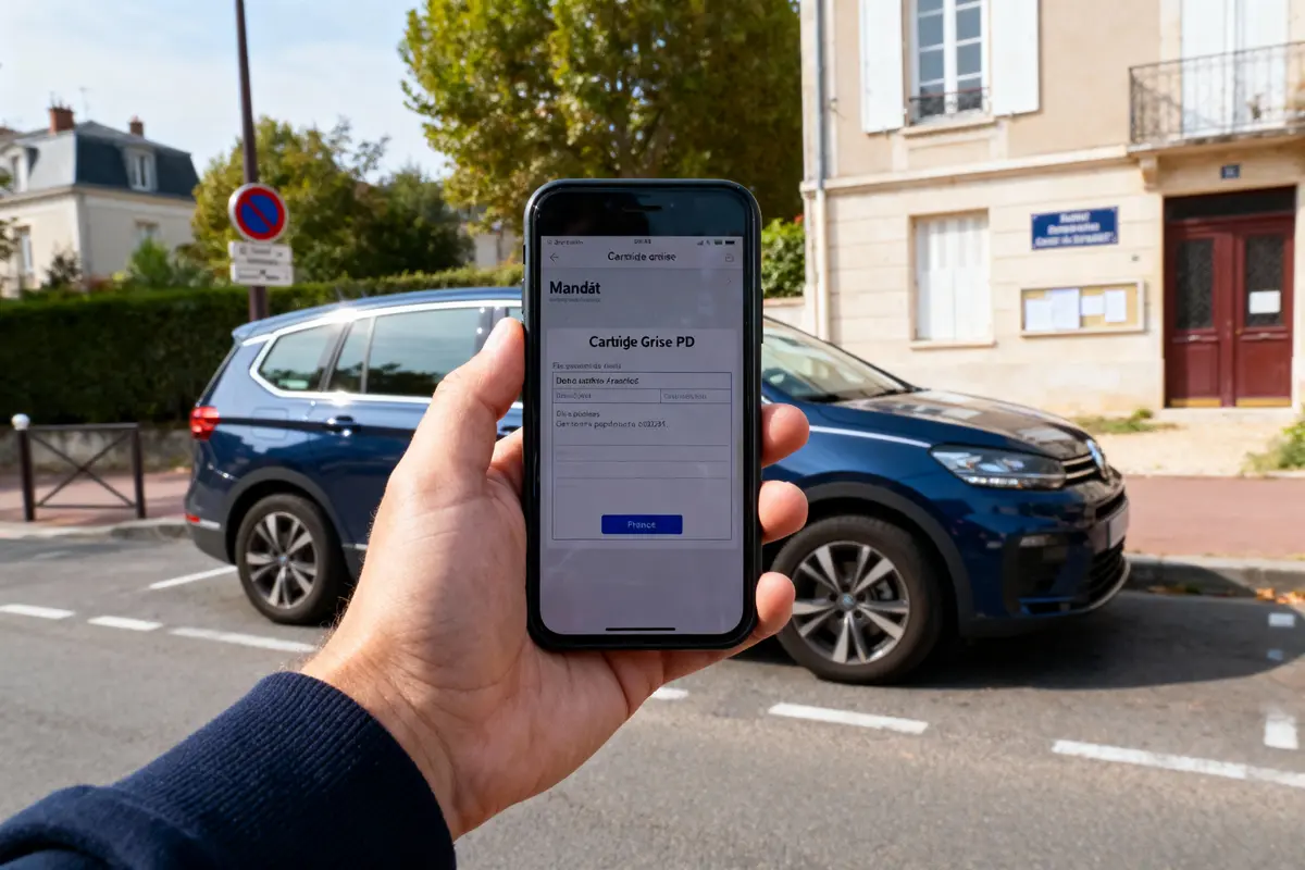 Un smartphone affiche une application de carte grise, tenu devant une voiture bleue en stationnement urbain.