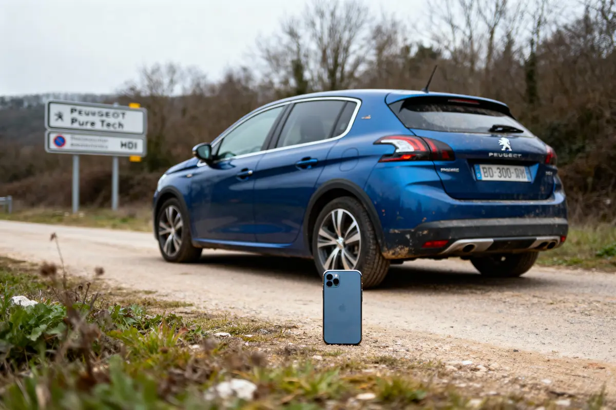 Voiture bleue sur route de campagne, téléphone au sol, panneau Peugeot en arrière-plan.