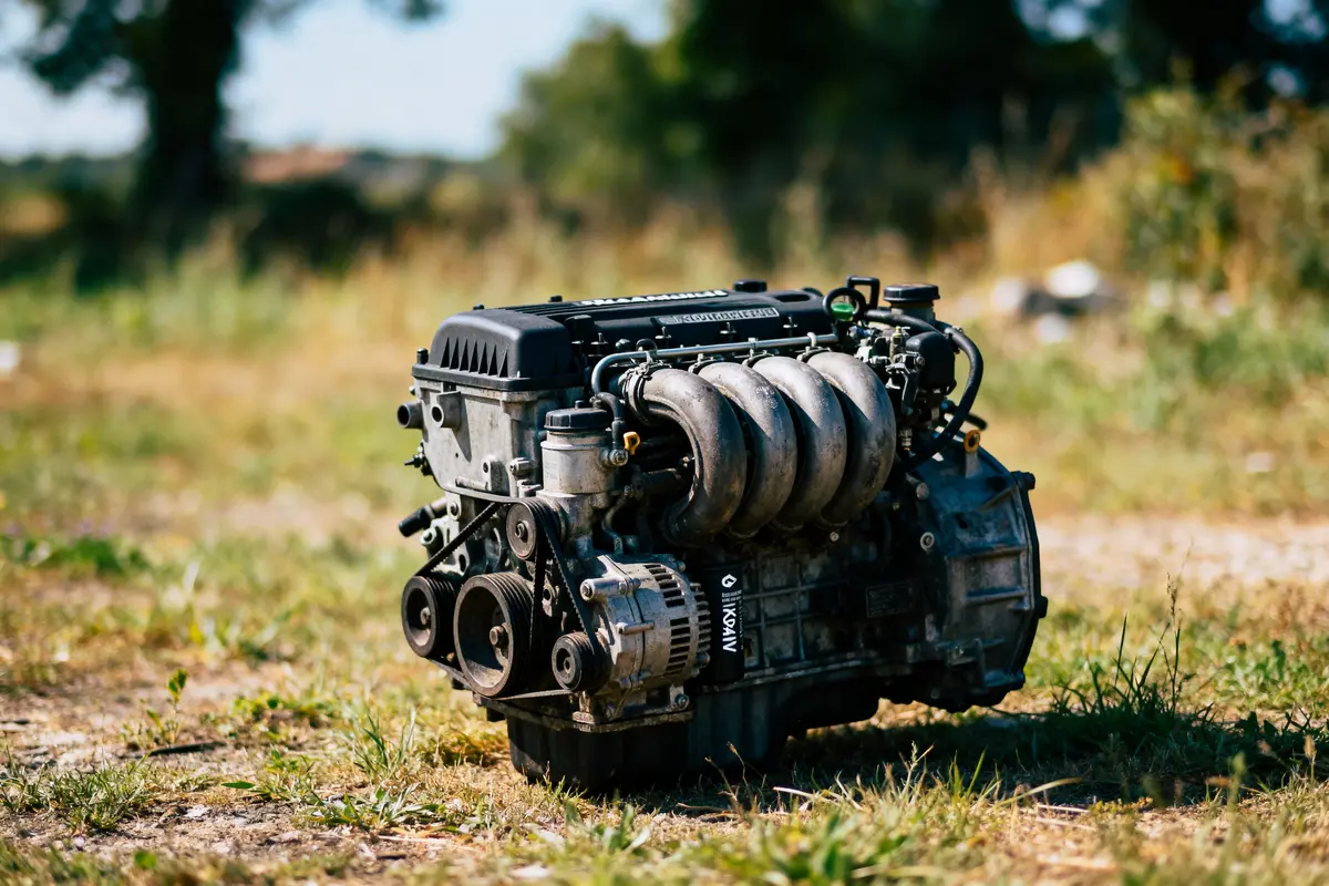 Moteur de voiture exposé en plein air sur herbe, arrière-plan flou avec arbres et végétation.