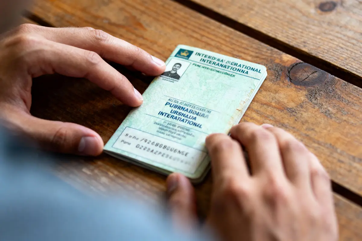 Main tenant un passeport international vert sur une table en bois.