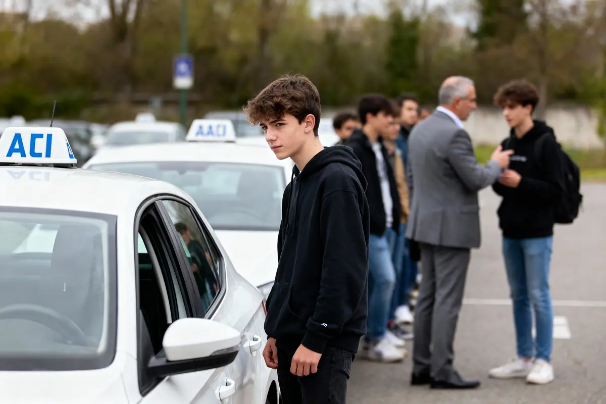 Jeune homme près de voitures auto-école, groupe en discussion à l’arrière-plan, extérieur urbain.