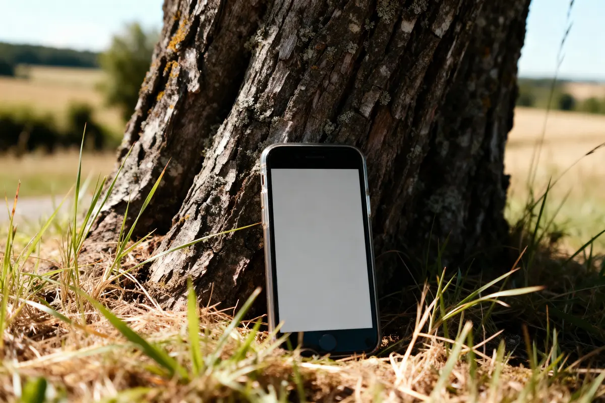 Smartphone à écran blanc appuyé contre un arbre, sur herbe, en extérieur ensoleillé.