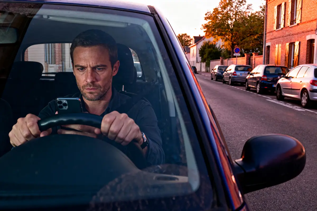 Homme concentré au volant de sa voiture, utilise son téléphone, dans une rue résidentielle au coucher du soleil.