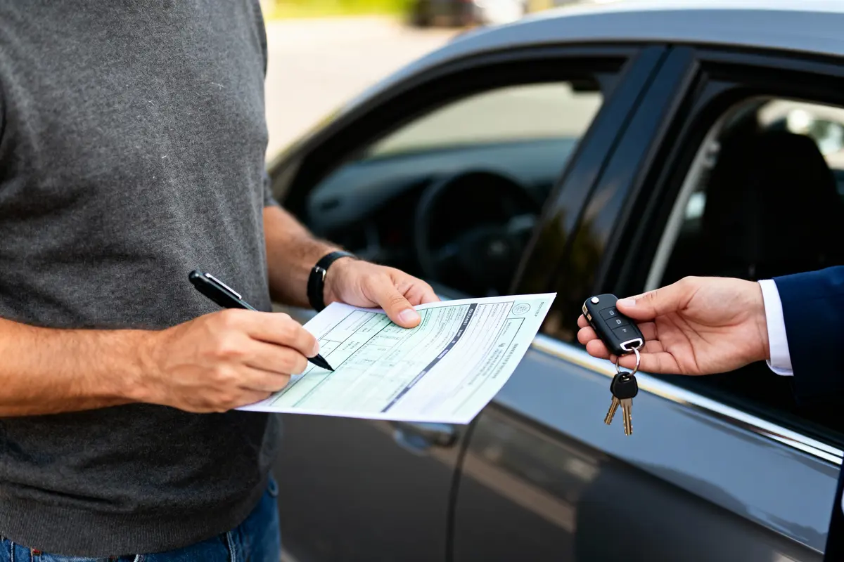 Personne signant un document près d'une voiture, clés de voiture dans une main tendue.