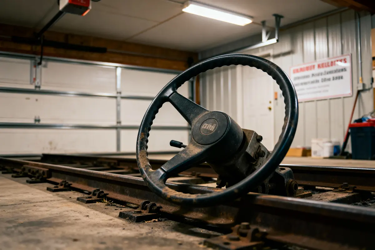 Volant rouillé sur rails métalliques, situé à l'intérieur d'un garage éclairé.