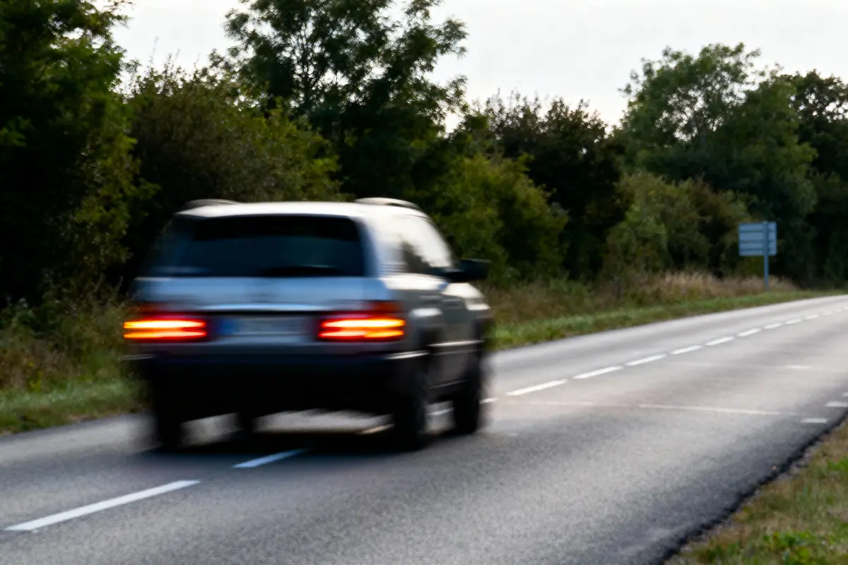 Voiture floue sur route de campagne, entourée d'arbres, avec feu arrière allumé, en mouvement rapide.