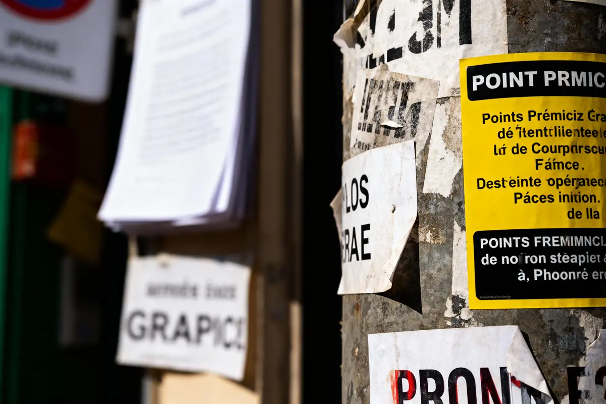 Affiches et papiers collés sur un poteau, contenant divers textes, avec un focus sur un panneau jaune.